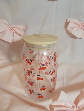 Cherry Themed 16floz Glass Tumbler Glass Straw Bamboo Lid A Little Obsessed